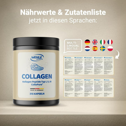 Collagen Capsules High Dose – Pack of 315 – 4550 mg Collagen Hydrolysate Peptides per Daily Dose – Made in Germany Collagen Capsules Type 1, 2 & 3 – Wehle Sports – Packaging May Vary