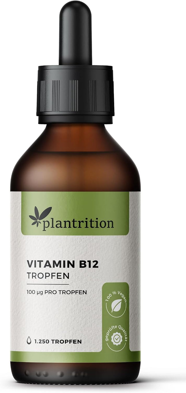 plantrition Vitamin B12 Drops - 1250 Drops Each 100 μg - Both Active Forms (Methyl & Adenosylcobalamin) Without Alcohol, Vegan & Made in DE 50 ml - Packaging May Vary