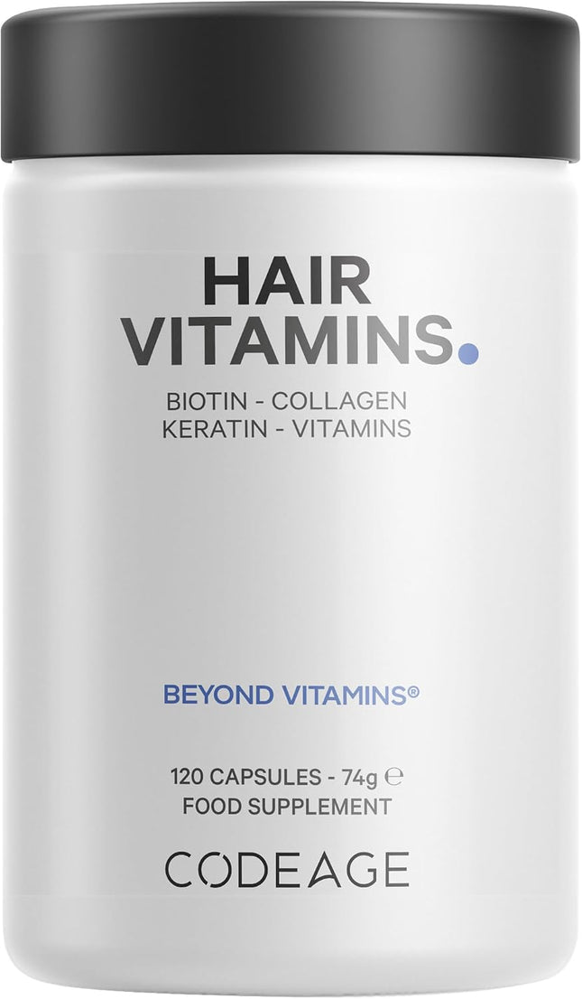 Codeage Hair Vitamins 10000 Mcg Biotin, Keratin, Collagen, Vitamin A, B12, C, D3, E, Zinc, Turmeric, Probiotics Enzymes Support Hair Care Dietary Supplement for Healthy Hair, 120 Capsules