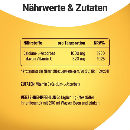Vitamin C Powder High Dose 1000 mg Calcium Ascorbate of which 820 mg Vitamin C per g from Vegetable Fermentation & Buffered 300 Poritions, No Additives, Vegan - Packaging May Vary
