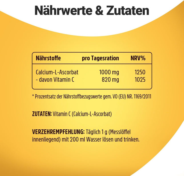 Vitamin C Powder High Dose 1000 mg Calcium Ascorbate of which 820 mg Vitamin C per g from Vegetable Fermentation & Buffered 300 Poritions, No Additives, Vegan - Packaging May Vary