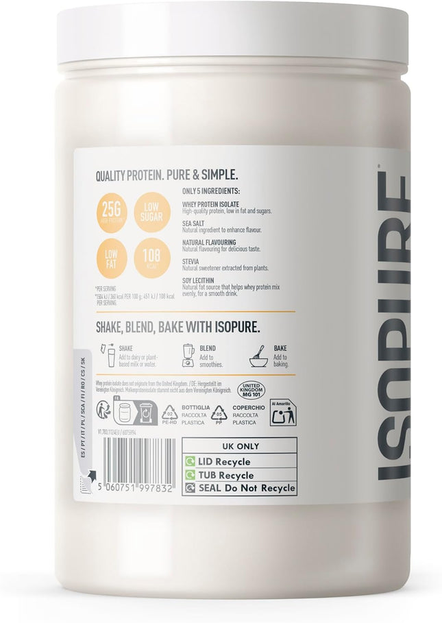 Isopure Vanilla Whey Protein Isolate Powder - 25 g Protein per Serving, Low Sugar, No Artificial Flavours or Sweeteners, Only 5 Ingredients, 450 g