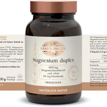 BÄRBEL DREXEL Magnesium duplex for acute needs and depot build-up (200 pieces), magnesium carbonate, silica, magnesium citrate, magnesium tablets, high dose without synthetic additives