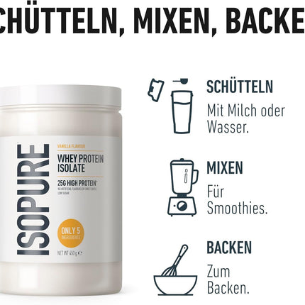 Isopure Vanilla Whey Protein Isolate Powder - 25 g Protein per Serving, Low Sugar, No Artificial Flavours or Sweeteners, Only 5 Ingredients, 450 g