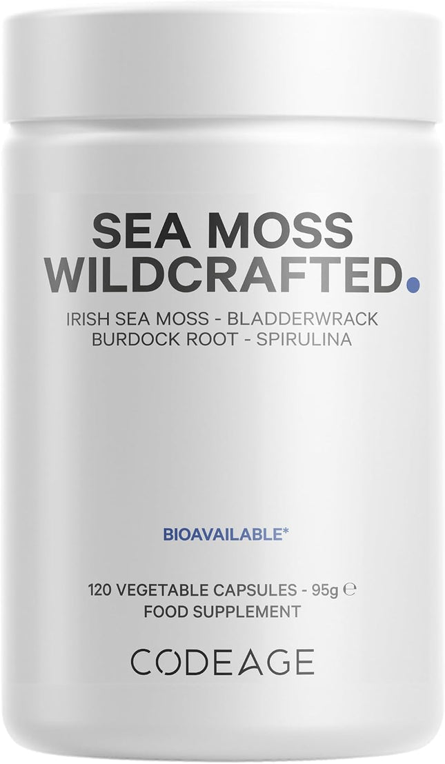 Codeage Raw Wildcrafted Irish Sea Moss Dietary Supplement - with Bladderwreck, Burdock Root, Spirulina, BioPerine & Peppermint Oil - Vegan, Non-GMO - Superfood Mineral Complex - 120 Capsules