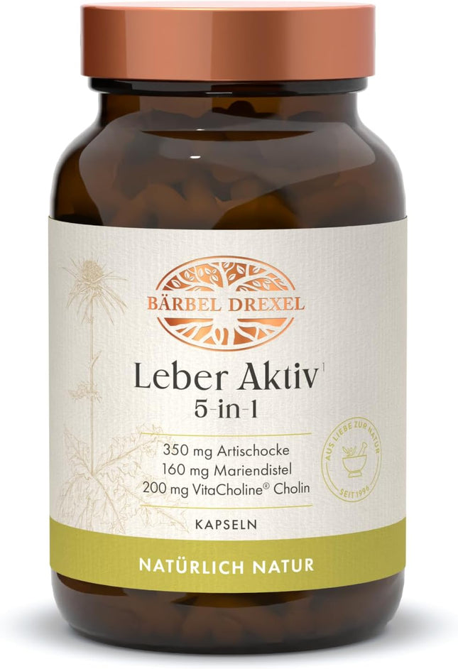 BÄRBEL DREXEL Liver Active 5-in-1 Capsules with Choline, Milk Thistle, Dandelion, Artichoke, Piperine, Zinc, Vitamin E, Selenium (Pack of 60) Liver Capsules Natural Healing Bitter Substances