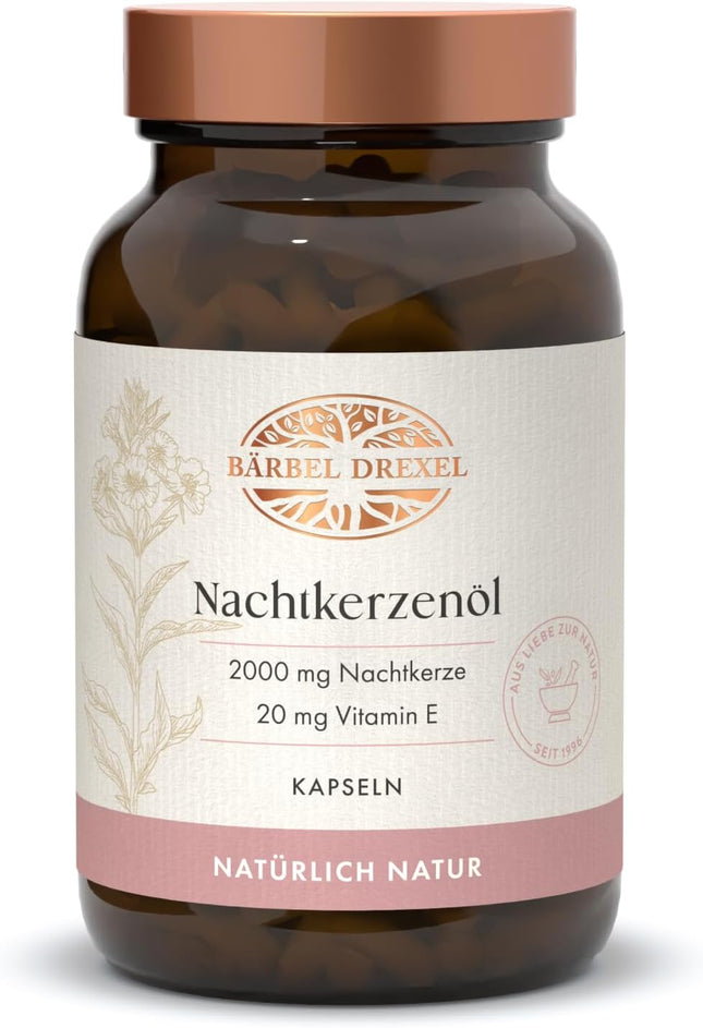Evening Primrose Oil Capsules Vegan 2000 mg per Daily Dose (Pack of 120) 100% Natural Made in Germany, Dry Skin, Skin Care from Inside, Vitamin E Gamma Linolenic Acid GLA Cold Pressed BÄRBEL DREXEL