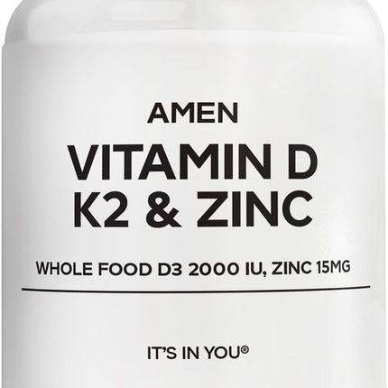 Amen Vitamin D3 2000 Ie with K2 Mk-7 and Zinc - Vegan Whole Food with Elderberry, Cranberry, Blueberry and Apple - GMO Free, Gluten Free - 60 Capsules
