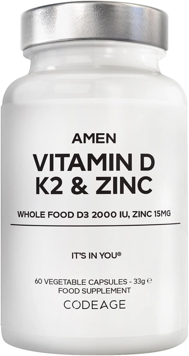 Amen Vitamin D3 2000 Ie with K2 Mk-7 and Zinc - Vegan Whole Food with Elderberry, Cranberry, Blueberry and Apple - GMO Free, Gluten Free - 60 Capsules