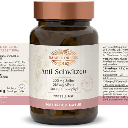 Anti Sweating Tablets - Against Sweating, Anti Odour, Sage High Dose with Alfalfa & Chlorophyll (Pack of 90) Sweat Off Antiperspirant, Anti Sweat, Naturopathy BÄRBEL DREXEL