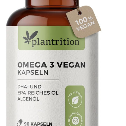 Vegan Omega-3 capsules made of micro-algae oil. 1875 mg premium Omegavie® algae oil with DHA and EPA per daily dose. 90 capsules. High dosage, high bioavailability, vegan.