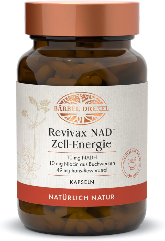 Bärbel Drexel Revivax NAD+ Cell Energy Capsules with NADH, Coenzyme Q10, Resveratrol & Quercetin with Vitamin C, D, E, Niacin, Zinc & Selenium. Vegan. 60 Capsules