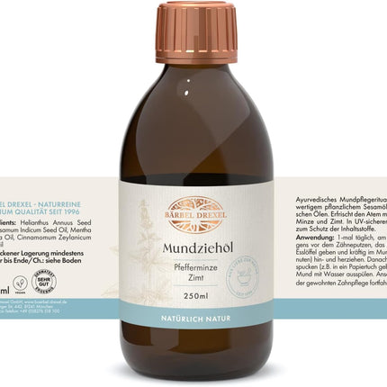 BÄRBEL DREXEL® Zii Oil Natural Mouth Draw Ayurvedic Mouth Rinse for Detoxification 100% Vegan Manufacture Germany Oil Drawing Treatment Mouth Oil Peppermint Oil Drawing Tooth Oil 250ml