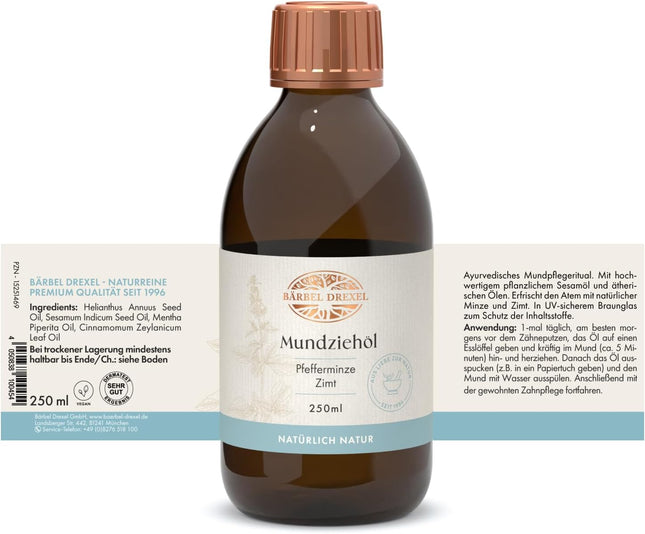 BÄRBEL DREXEL® Zii Oil Natural Mouth Draw Ayurvedic Mouth Rinse for Detoxification 100% Vegan Manufacture Germany Oil Drawing Treatment Mouth Oil Peppermint Oil Drawing Tooth Oil 250ml