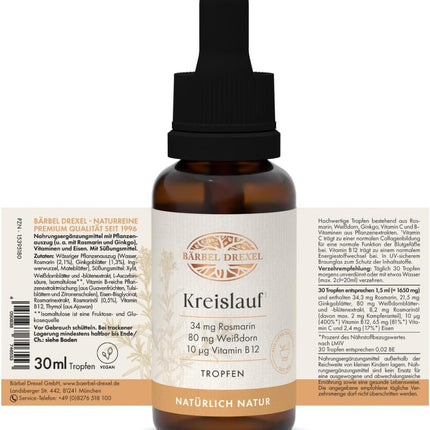 BÄRBEL DREXEL Plant Circulatory Drops Dizziness Due to Low Blood Pressure (30 ml) Vegan Made in Germany Ginkgo + Rosemary + Hawthorn, Cardiovascular Drops, Alcohol-Free