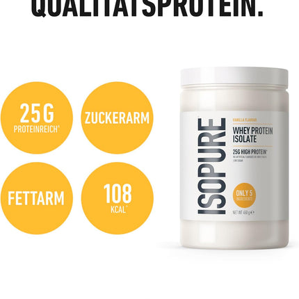 Isopure Vanilla Whey Protein Isolate Powder - 25 g Protein per Serving, Low Sugar, No Artificial Flavours or Sweeteners, Only 5 Ingredients, 450 g