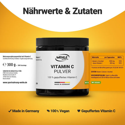 Vitamin C Powder High Dose 1000 mg Calcium Ascorbate of which 820 mg Vitamin C per g from Vegetable Fermentation & Buffered 300 Poritions, No Additives, Vegan - Packaging May Vary