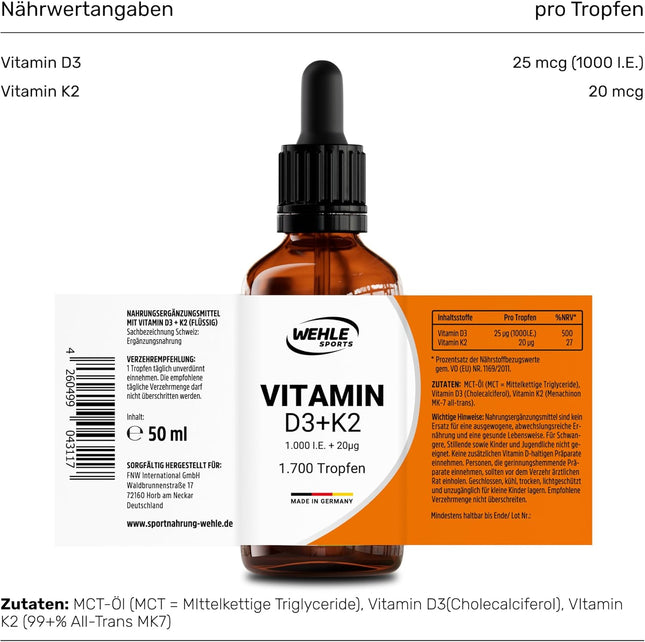 Vitamin D3 K2 Drops High Dose [1000 IU] - Vit D3 K2 High Dose - Vitamin D3 K2 1000 IU - 50 ml 1700 Drops - Laboratory Tested Wehle Sports - Packaging May Vary