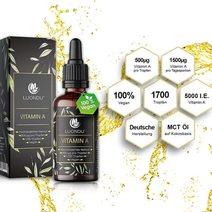 Luondu Vitamin A Drops High Dose - 5,000 IU / 1,500 μg per Daily Dose - 50 ml (1,700 Drops) - Vegan - Retinyl Palmitate