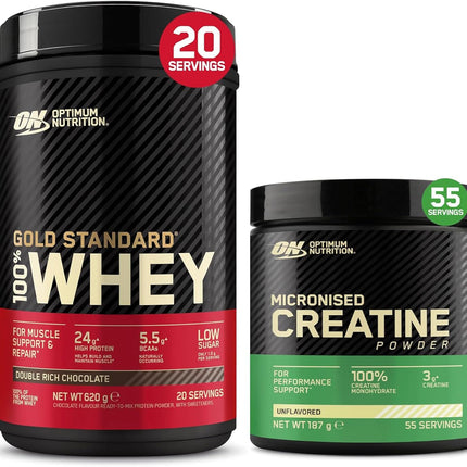 Optimum Nutrition Performance Kit with Micronised Creatine Monohydrate Powder, Untasteless, 187 g and Gold Standard 100% Whey Protein Powder, Double Rich Chocolate, 620 g