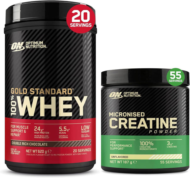 Optimum Nutrition Performance Kit with Micronised Creatine Monohydrate Powder, Untasteless, 187 g and Gold Standard 100% Whey Protein Powder, Double Rich Chocolate, 620 g