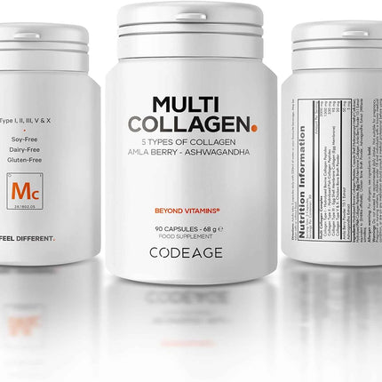 Codeage Multi Collagen Peptide Capsules, Types I, II, III, V & X, Grass-Fed and Hydrolysed Bovine Collagen Supplement with Ashwagandha & Amla Berry, Collagen for Skin, Hair, Nails, Joints
