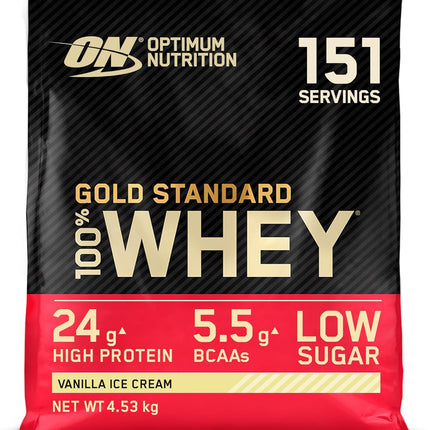 Optimum Nutrition Gold Standard Whey Protein Powder Muscle Building Supplements With Glutamine and Amino Acids, Vanilla Ice Cream, 146 Servings, 4.54kg, packaging may vary