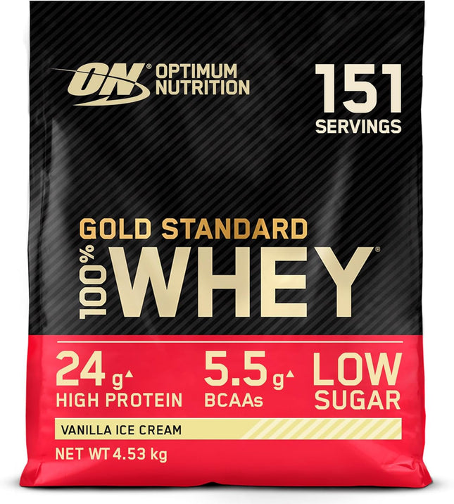 Optimum Nutrition Gold Standard Whey Protein Powder Muscle Building Supplements With Glutamine and Amino Acids, Vanilla Ice Cream, 146 Servings, 4.54kg, packaging may vary