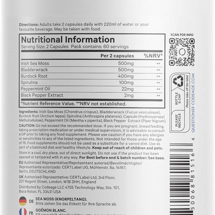 Codeage Raw Wildcrafted Irish Sea Moss Dietary Supplement - with Bladderwreck, Burdock Root, Spirulina, BioPerine & Peppermint Oil - Vegan, Non-GMO - Superfood Mineral Complex - 120 Capsules
