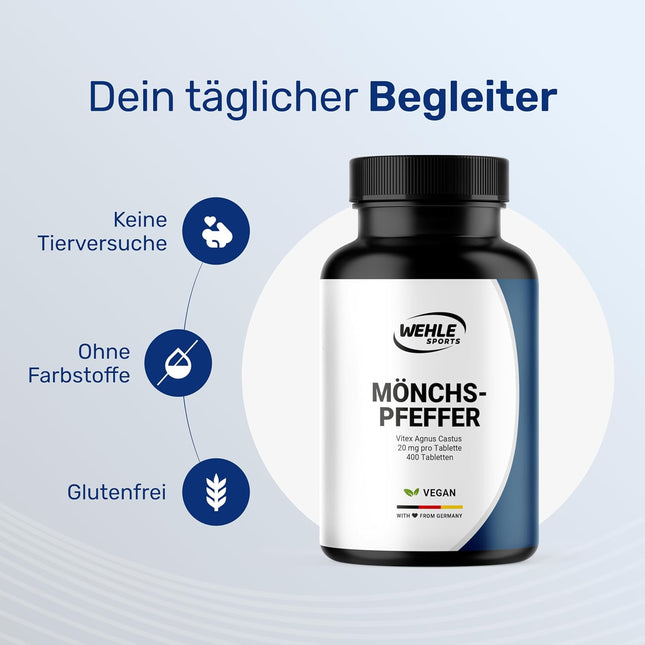 Monk's Pepper High Dose – 400 Tablets – 20 mg per Tablet – 10:1 Extract from Original Agnus Castus – Dietary Supplement Vegan and Produced in Germany Laboratory Tested