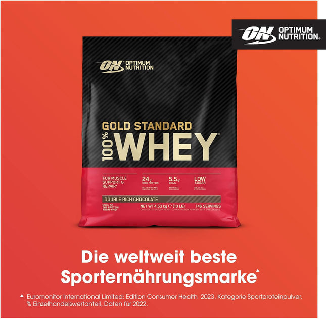Optimum Nutrition ON Gold Standard Whey Protein Powder, protein powder for muscle building, naturally contained BCAA and glutamine, Double Rich Chocolate, 149 servings, 4.54kg, packaging can vary