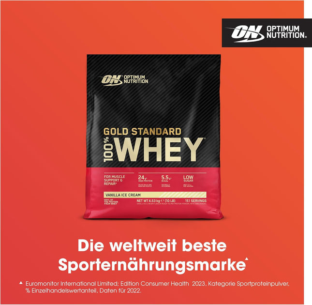Optimum Nutrition Gold Standard Whey Protein Powder Muscle Building Supplements With Glutamine and Amino Acids, Vanilla Ice Cream, 146 Servings, 4.54kg, packaging may vary