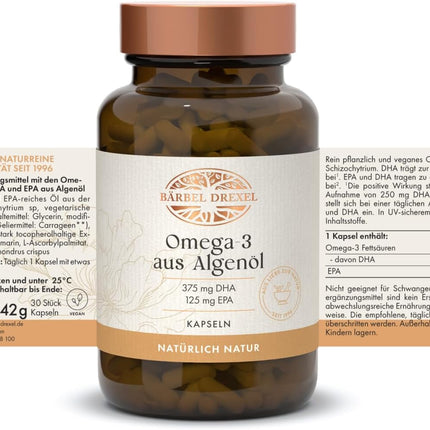 Omega 3 Capsules Vegan with 500 mg Omega 3 from Algae Oil, of which 375 mg DHA & 125 mg EPA (Pack of 30) High Bioavailability through Triglyceride Form, Naturopathy BÄRBEL DREXEL