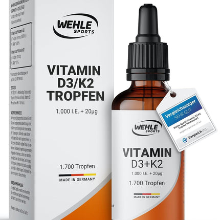 Vitamin D3 K2 Drops High Dose [1000 IU] - Vit D3 K2 High Dose - Vitamin D3 K2 1000 IU - 50 ml 1700 Drops - Laboratory Tested Wehle Sports - Packaging May Vary