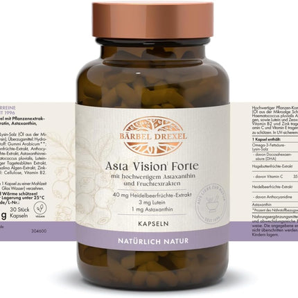 Asta Vision Forte Eye Vitamins with DHA, Astaxanthin, Lutein & Zeaxanthin. Eye Complex with Vitamin A, B2, C, E & Zinc. 30 Vegan Capsules Bärbel Drexel