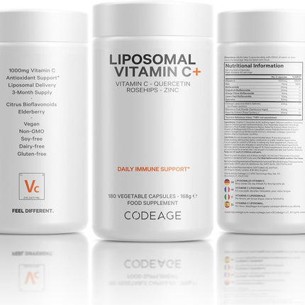 Codeage Liposomal Vitamin C with Zinc, Elderberry, Citrus Bioflavonoid Complex Grapefruit, Lemon, Orange, Quercetin and Rose Hips Vegan, GMO Free, High Dose Daily Supplement, 180 Capsules