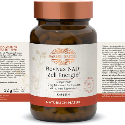 Bärbel Drexel Revivax NAD+ Cell Energy Capsules with NADH, Coenzyme Q10, Resveratrol & Quercetin with Vitamin C, D, E, Niacin, Zinc & Selenium. Vegan. 60 Capsules