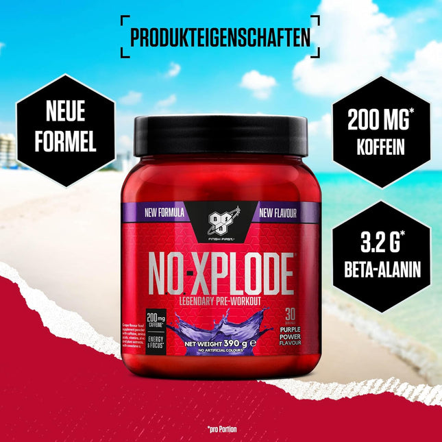 BSN Nutrition N.O.-Xplode Pre-Workout Powder Dietary Supplement, More Energy and Concentration with Caffeine, Amino Acids, Vitamin C and Zinc, Purple Power Flavour, 30 Servings, 390 g