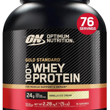 Optimum Nutrition Gold Standard Whey Muscle Building and Recovery Protein Powder With Glutamine and Amino Acids, Vanilla Ice Cream, 73 Servings, 2.27kg, packaging may vary