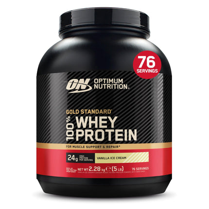 Optimum Nutrition Gold Standard Whey Muscle Building and Recovery Protein Powder With Glutamine and Amino Acids, Delicious Strawberry, 77 Servings, 2.27kg, packaging may vary
