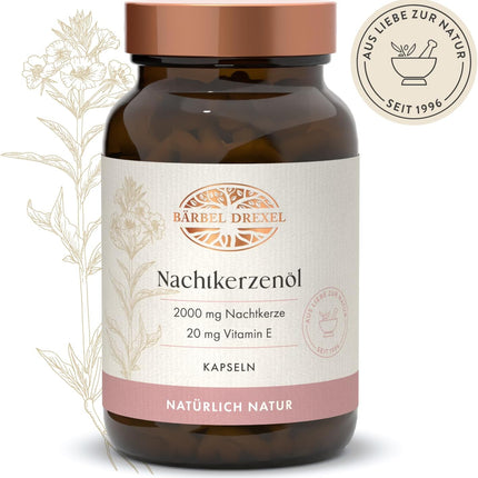 Evening Primrose Oil Capsules Vegan 2000 mg per Daily Dose (Pack of 120) 100% Natural Made in Germany, Dry Skin, Skin Care from Inside, Vitamin E Gamma Linolenic Acid GLA Cold Pressed BÄRBEL DREXEL