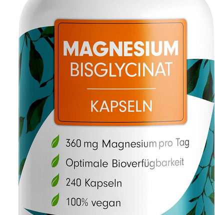 Magnesium Bisglycinate Capsules 240x - 3000 mg Magnesium Bisglycinate, of which 360 mg Elementary Magnesium per Day - Laboratory Tested with Certificate - 100% Vegan - Supply for 80 Days