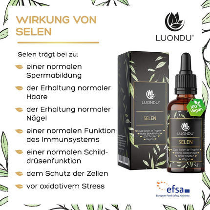 Luondu Selenium Drops, 200 μg High Dose, 50 ml, Vegan, 100 μg Selenium per 2 Drops, Sodium Selenite with Highest Bioactivity Produced and Laboratory Tested in Germany