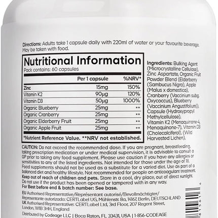 Amen Vitamin D3 2000 Ie with K2 Mk-7 and Zinc - Vegan Whole Food with Elderberry, Cranberry, Blueberry and Apple - GMO Free, Gluten Free - 60 Capsules