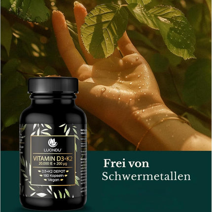 Luondu Vitamin D3, 20,000 IU + Vitamin K2 MK7, 200 mcg Depot (180 Capsules High Dose and Vegan) Vitamin D3 K2 Capsules, High Dosage, One Capsule Every 20 Days, No Additives, Made in Germany