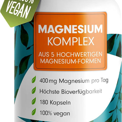 Magnesium Complex 180 Capsules, 400 mg Elemental Per Day, 5 High-Quality Forms: Magnesium Oxide, Citrate, Bisglycinate, Malate & Ascorbate, Optimal Bioavailability, 3 Month Supply