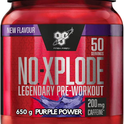 BSN Nutrition N.O.-Xplode Pre-Workout Powder Dietary Supplement, More Energy and Concentration with Caffeine, Amino Acids, Vitamin C and Zinc, Purple Power Flavour, 50 Servings, 650 g