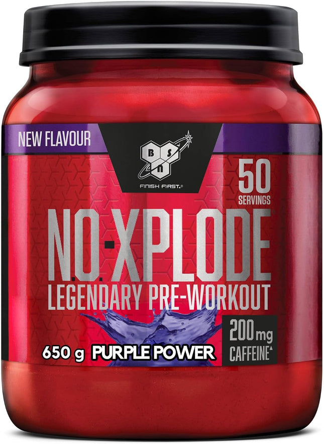BSN Nutrition N.O.-Xplode Pre-Workout Powder Dietary Supplement, More Energy and Concentration with Caffeine, Amino Acids, Vitamin C and Zinc, Purple Power Flavour, 50 Servings, 650 g