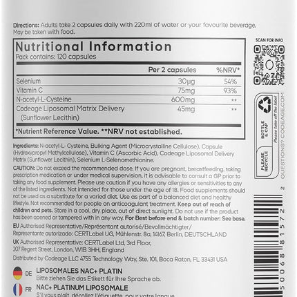 Codeage Liposomal Nac+ Platinum - N-Acetyl-L-Cysteine with Vitamin C, Selenium and Liposomal Administration Matrix - Vegan Dietary Supplement - GMO Free, Gluten Free - 120 Capsules