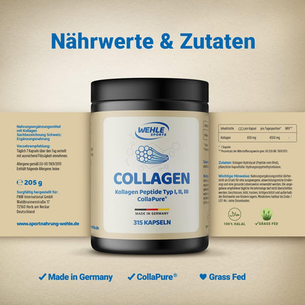 Collagen Capsules High Dose – Pack of 315 – 4550 mg Collagen Hydrolysate Peptides per Daily Dose – Made in Germany Collagen Capsules Type 1, 2 & 3 – Wehle Sports – Packaging May Vary
